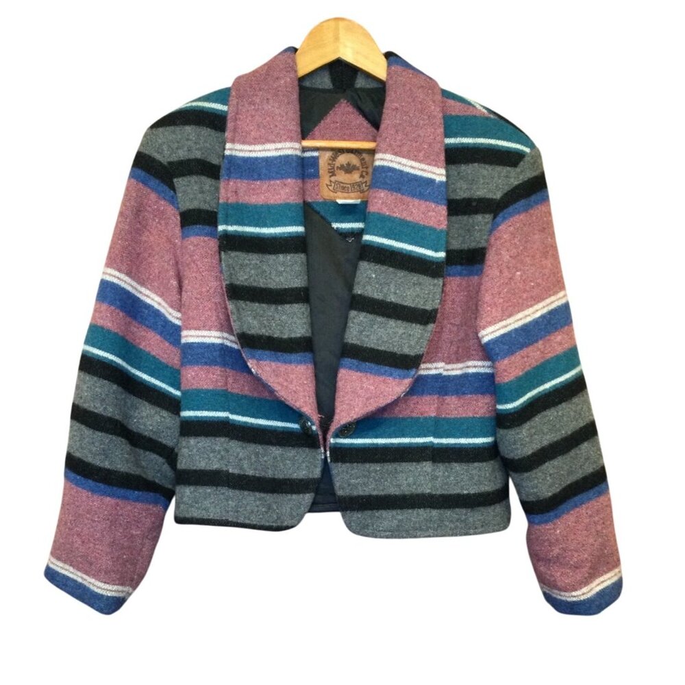 EUC Mid-West Garment Co. Striped Shawl Collar Cropped Mauve, Teal & Gray Jacket